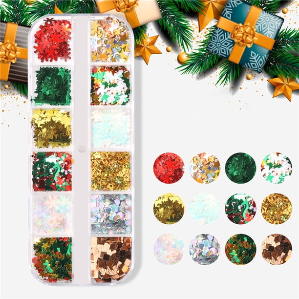 Ganfancp -Delgado Copo de Nieve y El Invierno de Uñas Arte Mixto Decoración de Uñas Lentejuelas Ofertas y Liquidaciones Caja de Compartimentos 1X12 Oro Brillante y Plata