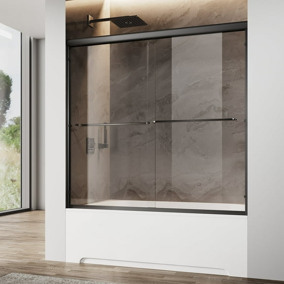 Sunny Shower Double Sliding Bathtub Door 60 in.W x 62 in.H Black Finish Framed with 1/4 in. Clear Tempered Glass
