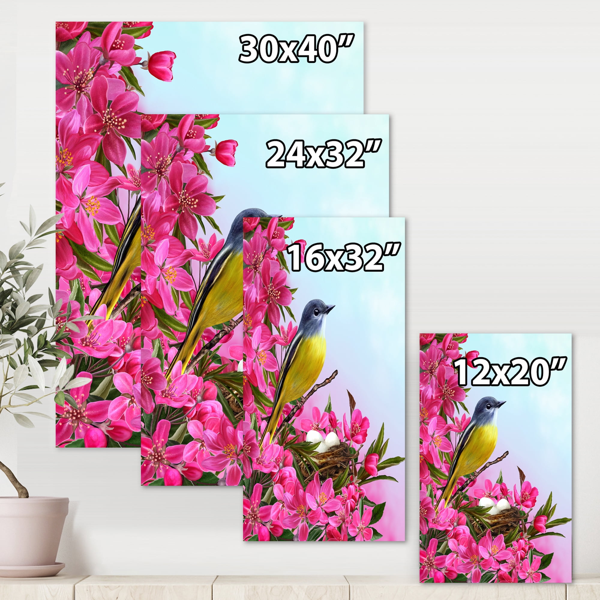 Designart ' Little Yellow Bird Near The Nest with Pink Flowers ' Traditional Canvas Wall Art Print