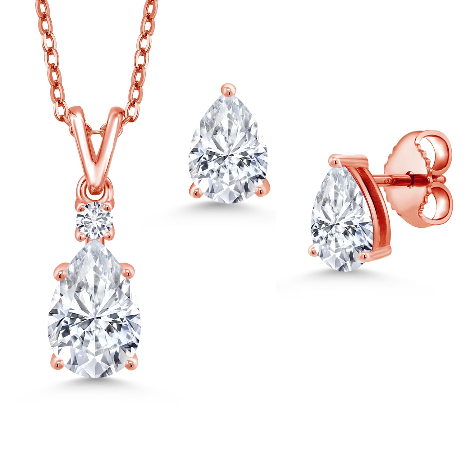 18K Rose Gold Plated Silver White Moissanite and White Lab Grown Diamond Pendant and Earrings Jewelry Set for Women | 2.73 Cttw | Gemstone Birthstone | Pear Shape 9X6MM | With 18 inch Chain