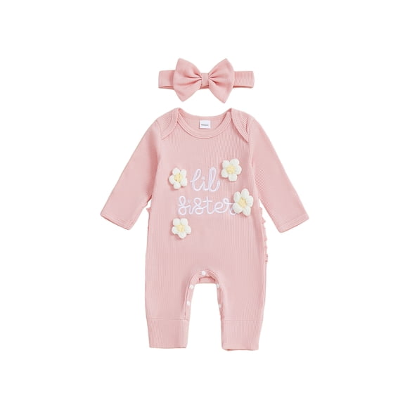 BemeyourBBs Newborn Baby Girl Little Sister Outfit Infant Baby Girl Spring Fall Winter Clothes Lil Sister Romper Long Sleeve Letter Floral Embroidery Jumpsuit with Headband