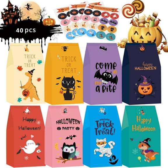 Halloween Trick or Treat Bags for Kids Boys Girls - 40 Pcs Colorful Goodie Bags with Stickers - Halloween Treat Bags Party Favors