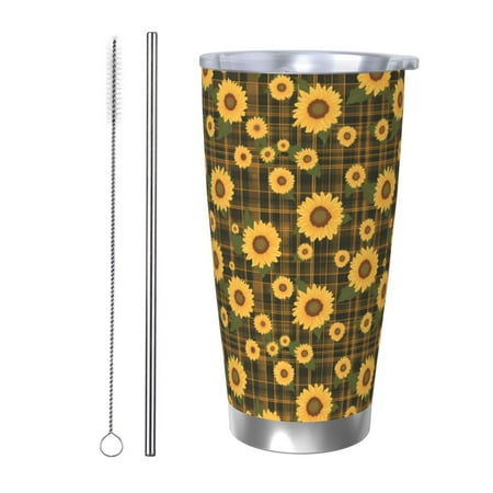 

Susaid Vintage Plaid Sunflower Print 20oz Car Cup Insulated Coffee Cup Fully Spill Proof Travel Coffee Mug Stainless Steel Tumbler for Work Home Outdoor Car-Straw Two-piece Set