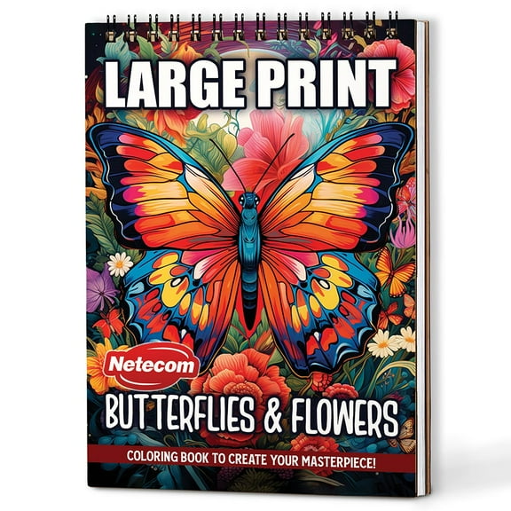 Netecom Large Print Butterflies and Flowers Coloring Book Spiral Bound for Adults, A5 Wooden Cover, 30 Oversized Designs Coloring Pages of Garden Serenity for Stress Relief & Relaxation