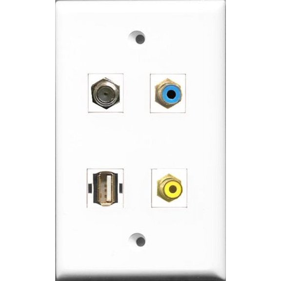 RiteAV 1 Port RCA Yellow and 1 Port RCA Blue and 1 Port Coax Cable TV- F-Type and 1 Port USB A-A Wall Plate