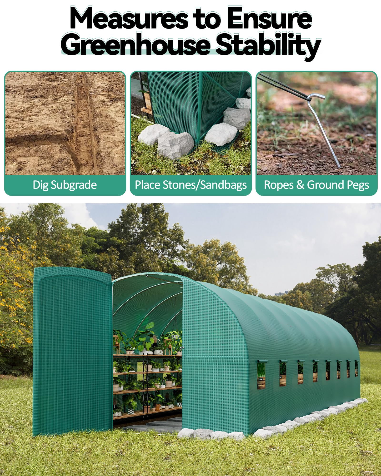 Towallmark Walk-in Greenhouse Tunnel 15x6.5x6.5ft,Galvanized Steel Tunnel Greenhouse with Zippered Doors and Window,Garden Hot House for Home Gardening Seed Germination