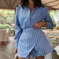 thumbnail image 5 of Women'S 2 Piece Outfits Striped Lapel Button Down Shirt Mini Skirt Matching Set Travel Outfit Blue L, 5 of 7
