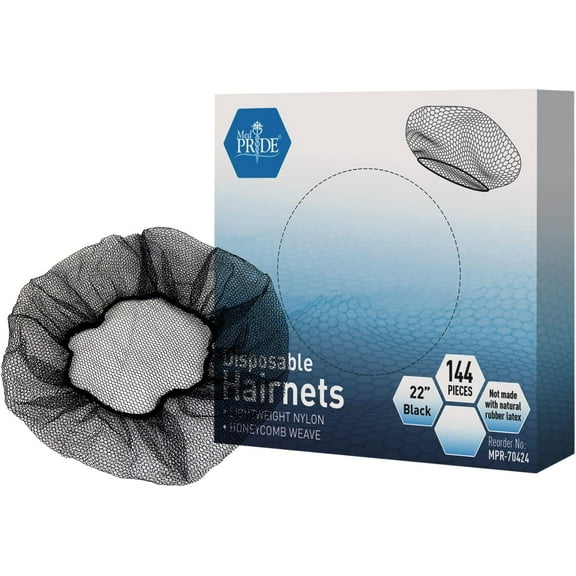 Med Pride Disposable Nylon Hair Net 22" Black – 144 count Lightweight Hair Cover Netting for Food Service, Medical, Sleeping & Work Use