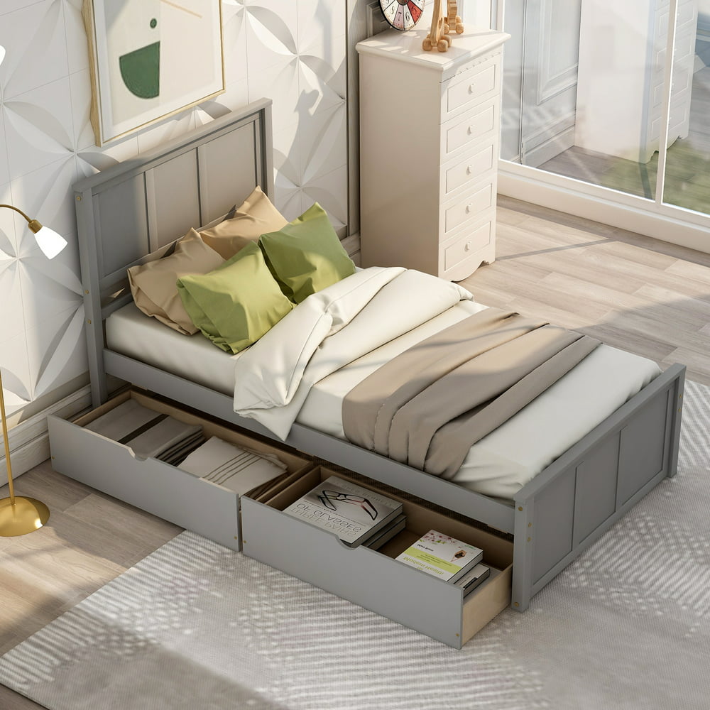 Platform Storage Bed with 2 drawers with wheels, Twin Size Frame Bed