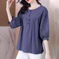 thumbnail image 2 of BiZtdJrK Womens Plus Size Cotton Linen T Shirts Pleated Front 3/4 Length Puff Sleeve Casual T Shirt Button Crew Neck Summer Vacation Tunic Tops Purple M, 2 of 5