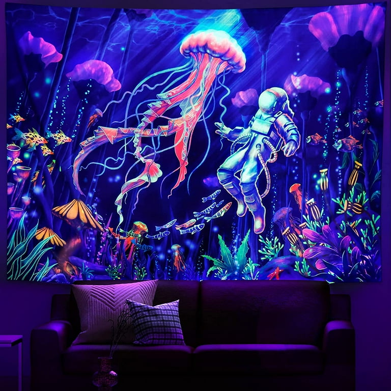 Minhin Blacklight Astronaut Jellyfish UV Reactive Tapestry Colorful Plant Tapestries Walmart