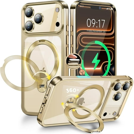 Compatible for iPhone 17 Pro Max Case, Gold Electroplated Magnetic w/CD Metal Ring 360° Spin Stand, Shockproof Clear Cover for MagSafe, Women Men