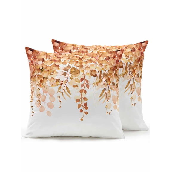 Waterproof Outdoor Throw Pillows with Inserts 16"x16" Set of 2,Orange Eucalyptus Leaves Soft Decorative Pillowcases for Couch Bedroom,Spring Floral Summer Botanical Pillow Covers for Sofa Living Room