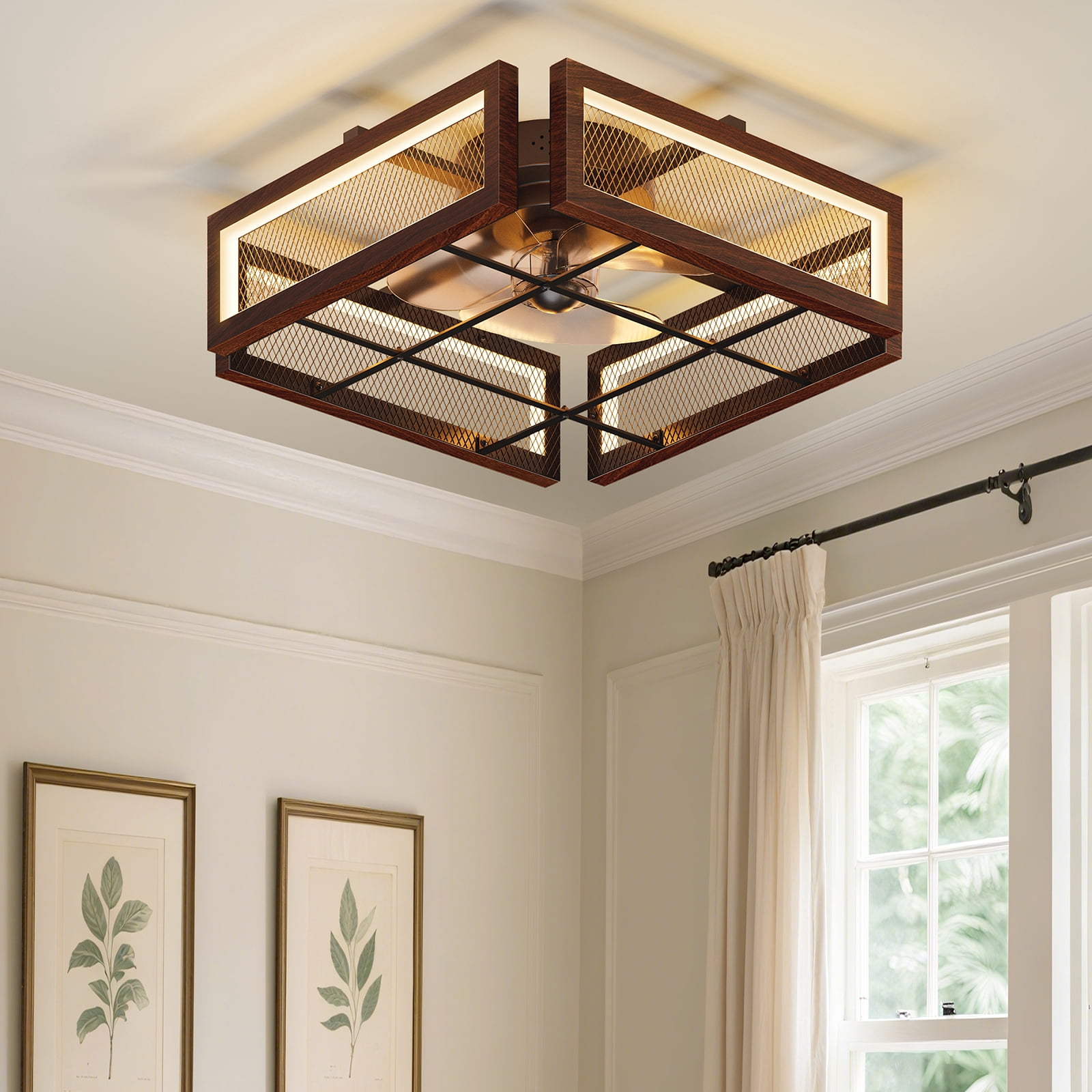 18.9”Wood Grain Brown Square Ceiling Fan with LED Light and Remote Control