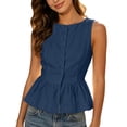 thumbnail image 5 of HomeDM Tank Tops for Women Crew Neck Button Down Peplum Tops Summer Cotton Linen Sleeveless Casual Flared Hem T-Shirts Navy Size L, 5 of 8