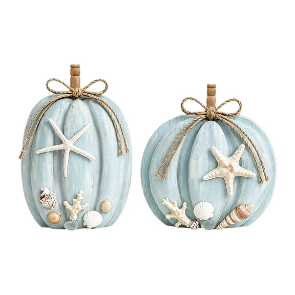 2-Pack Coastal Pumpkin Decor with Seashell and Starfish Accents for Fall Tabletop Displays, Blue