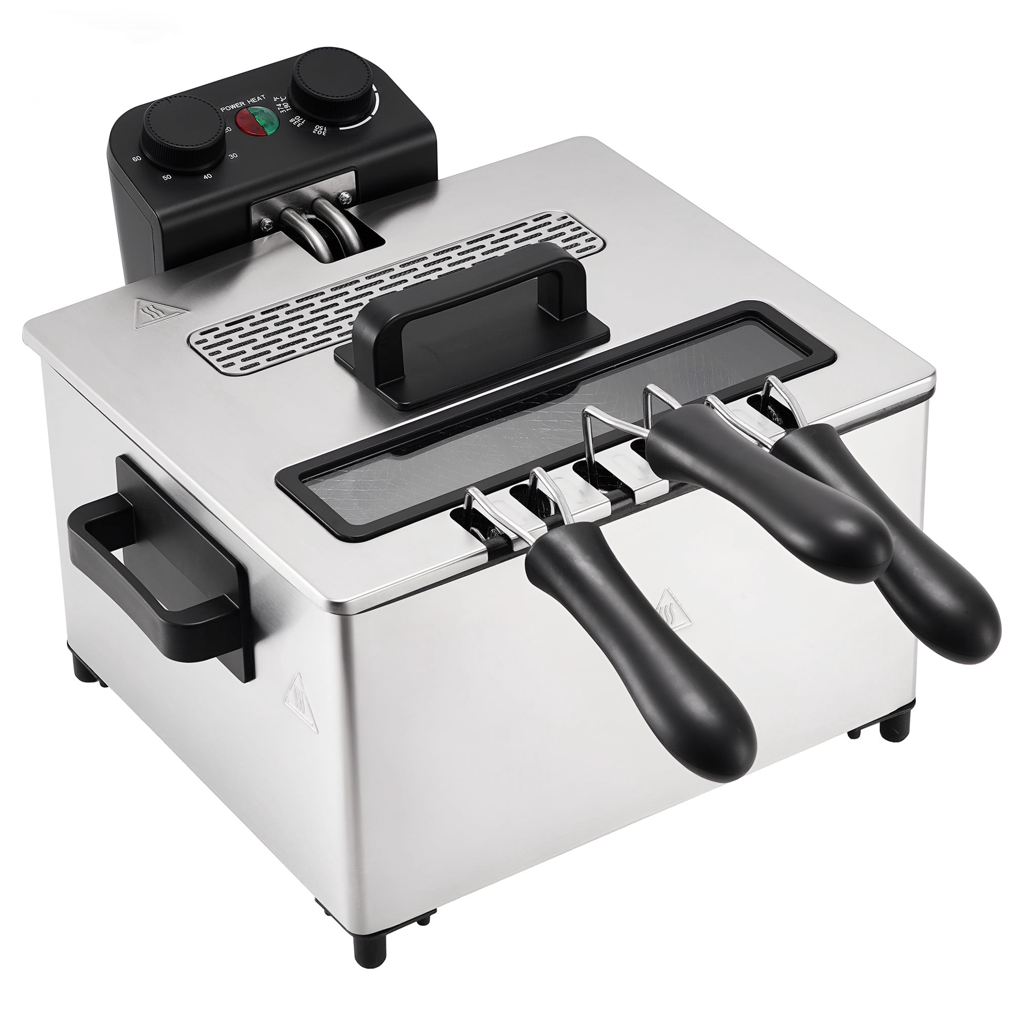 Daluvenix Electric Deep Fryer, 5L Capacity with 3 Frying Baskets, 1700W Power, Time & Temperature Control, Stainless Steel, Dishwasher Safe Lid & Baskets, Home Use Fryer with View Window & Odo