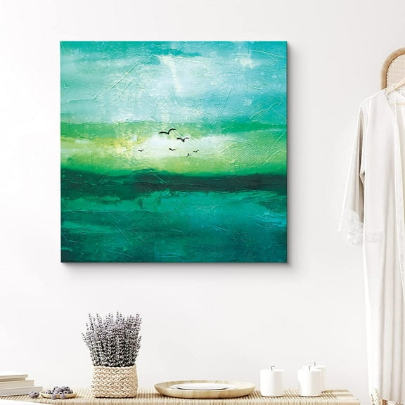 PixonSign Canvas Print Wall Art Flock of Birds Fly Above Horizon Animals Wilderness Illustrations Modern Art Minimalist Scenic Colorful Green Dark for Living Room, Bedroom, Office - 24x24 inches