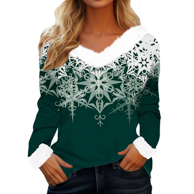 T-Shirt à Manches Longues pour Femmes en Liquidation T-Shirt en Polyester pour Femmes T-Shirt de Noël pour Femmes avec Imprimé Flocon de Neige Col en Peluche Poignets en Peluche T-Shirt à Manches Longues