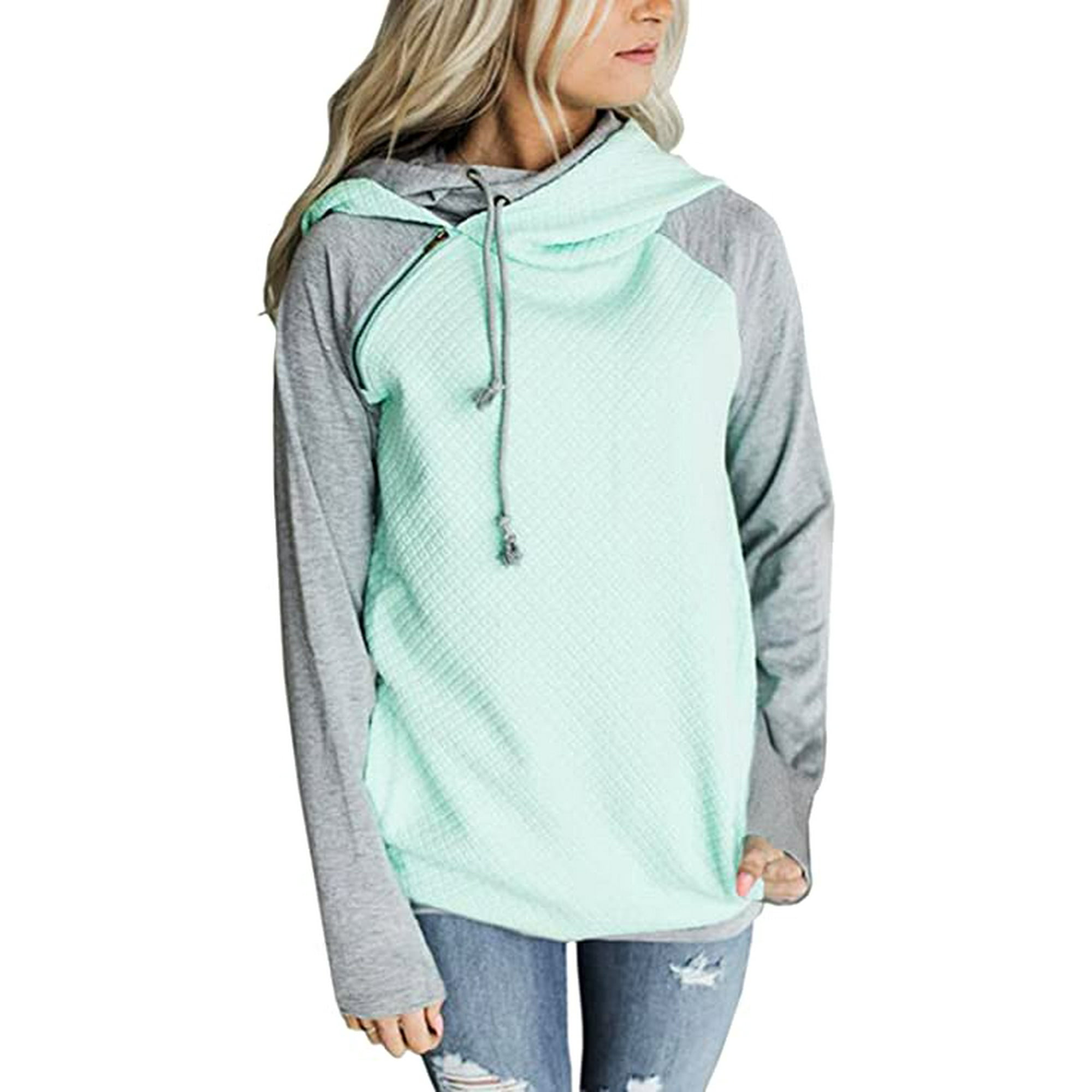 Zecatl Hoodies Women Pullover Hoodie Sweatshirt Pullover Two Tone Longsleeve Tops Double Hoodie Casual light Green Xxl Other