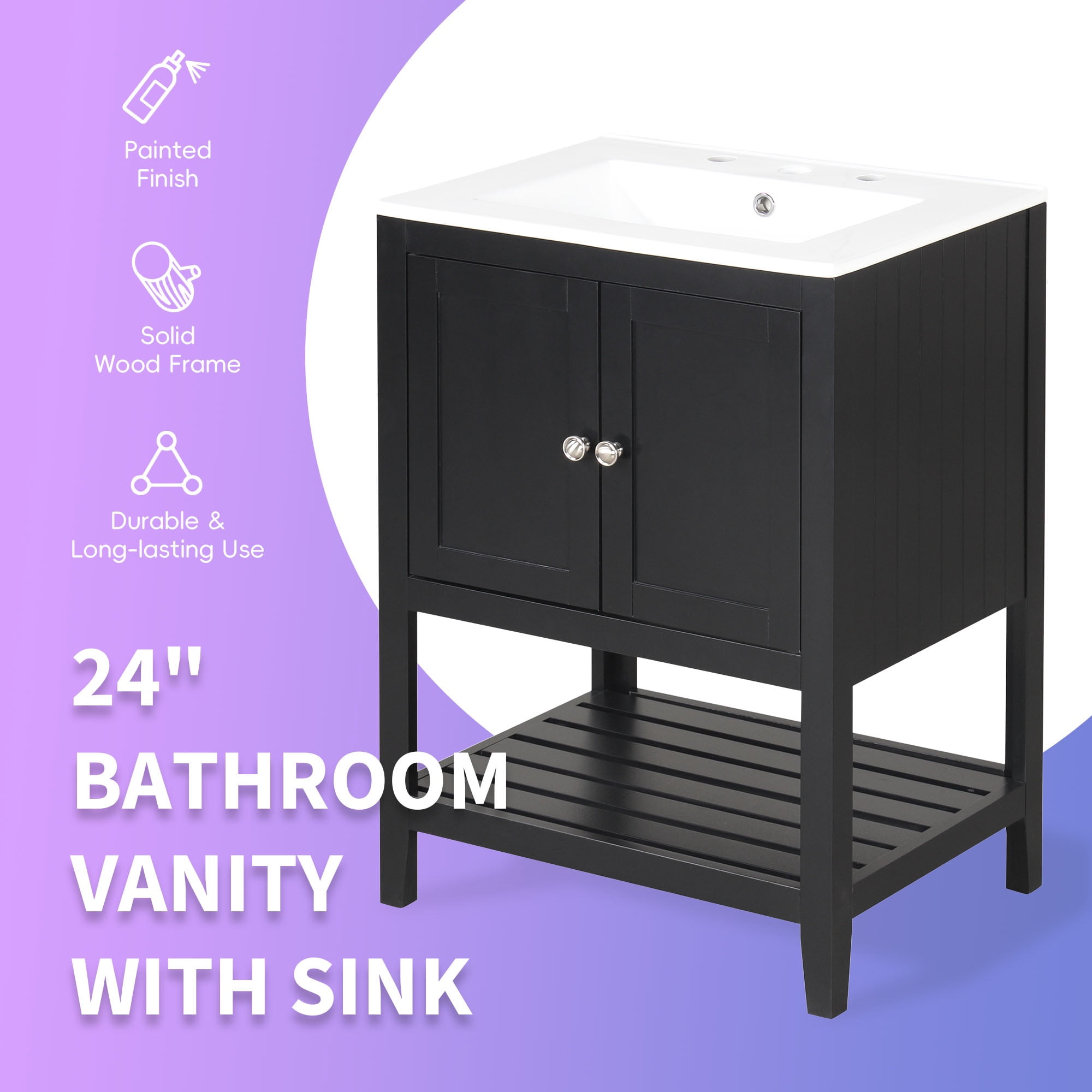 PORKISS 24" Bathroom Vanity with Ceramic Sink, Wood Bathroom Cabinet Vanity with Doors and Open Shelf, Freestanding Bathroom Storage Cabinet with Solid Wood Frame, Black