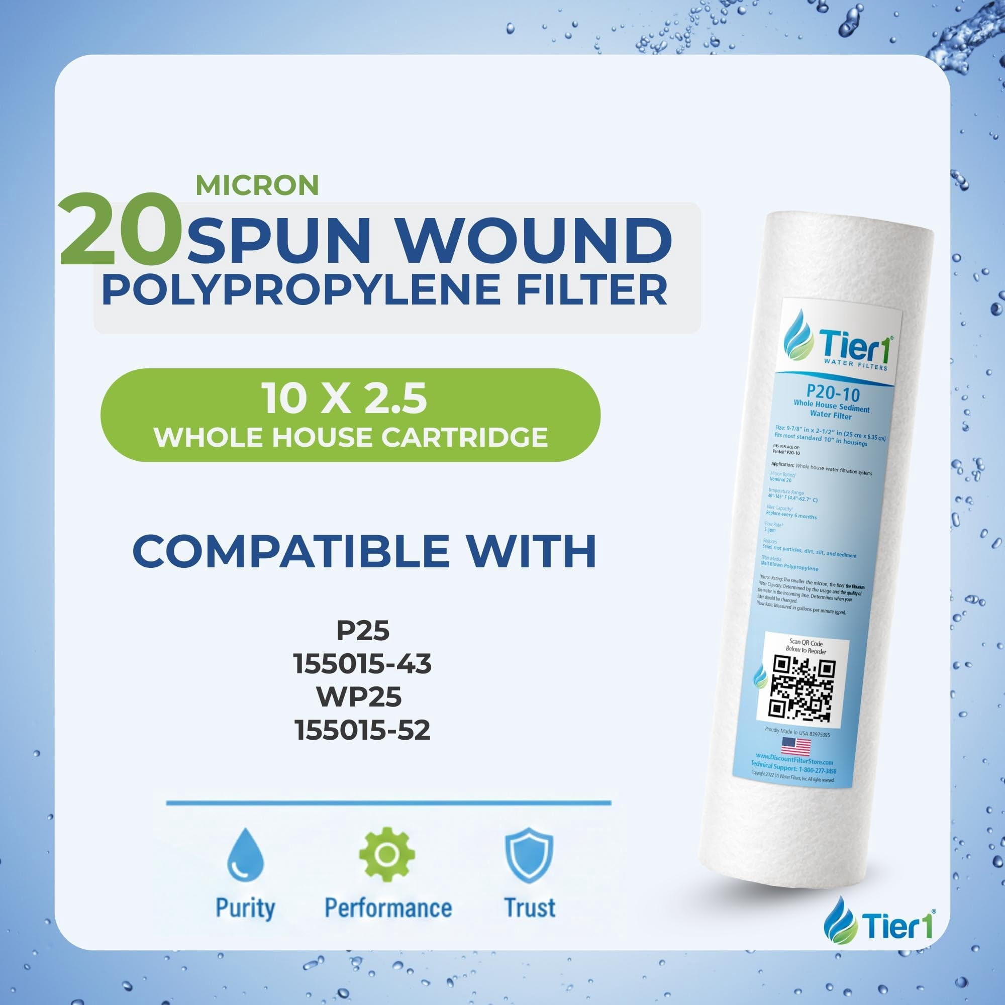 Tier1 20 Micron 10 Inch x 2.5 Inch | 6-Pack Spun Wound Polypropylene Whole House Sediment Water Filter Replacement Cartridge | Compatible with Pentek P25, SDC-25-1020, 155015-43, Home Water Filter