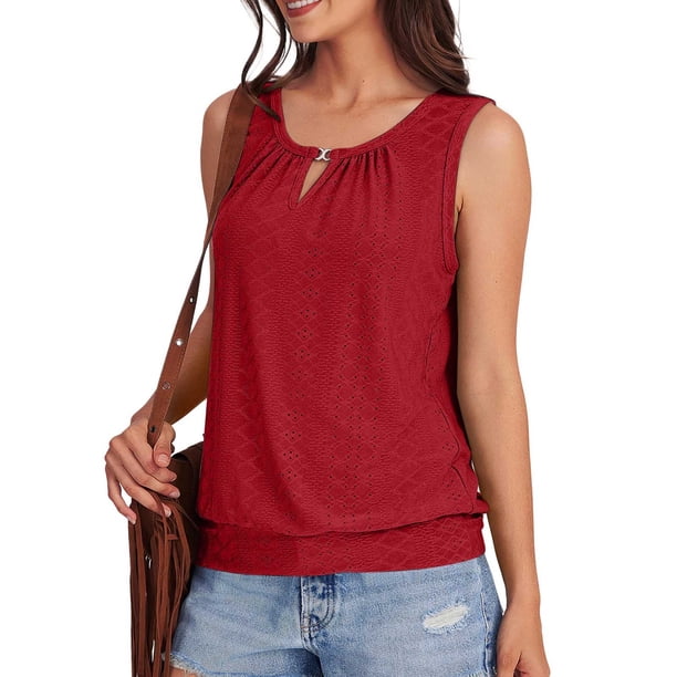 mfyjkho Tops De Tallas Grandes, Camisola Lisa Con Escote En V Y Abertura En La Cerradura Para Mujer, De Verano, Holgada, Bordada Con Ojales Tops Para Mujer M
