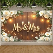 5.9x3.6FT Mr & Mrs Wedding Backdrop White Flower Bridal Shower Photography Background Rustic Wooden Board Anniversary Honeymoon Engagement Party Decorations Banner Supplies Photo Booth Props