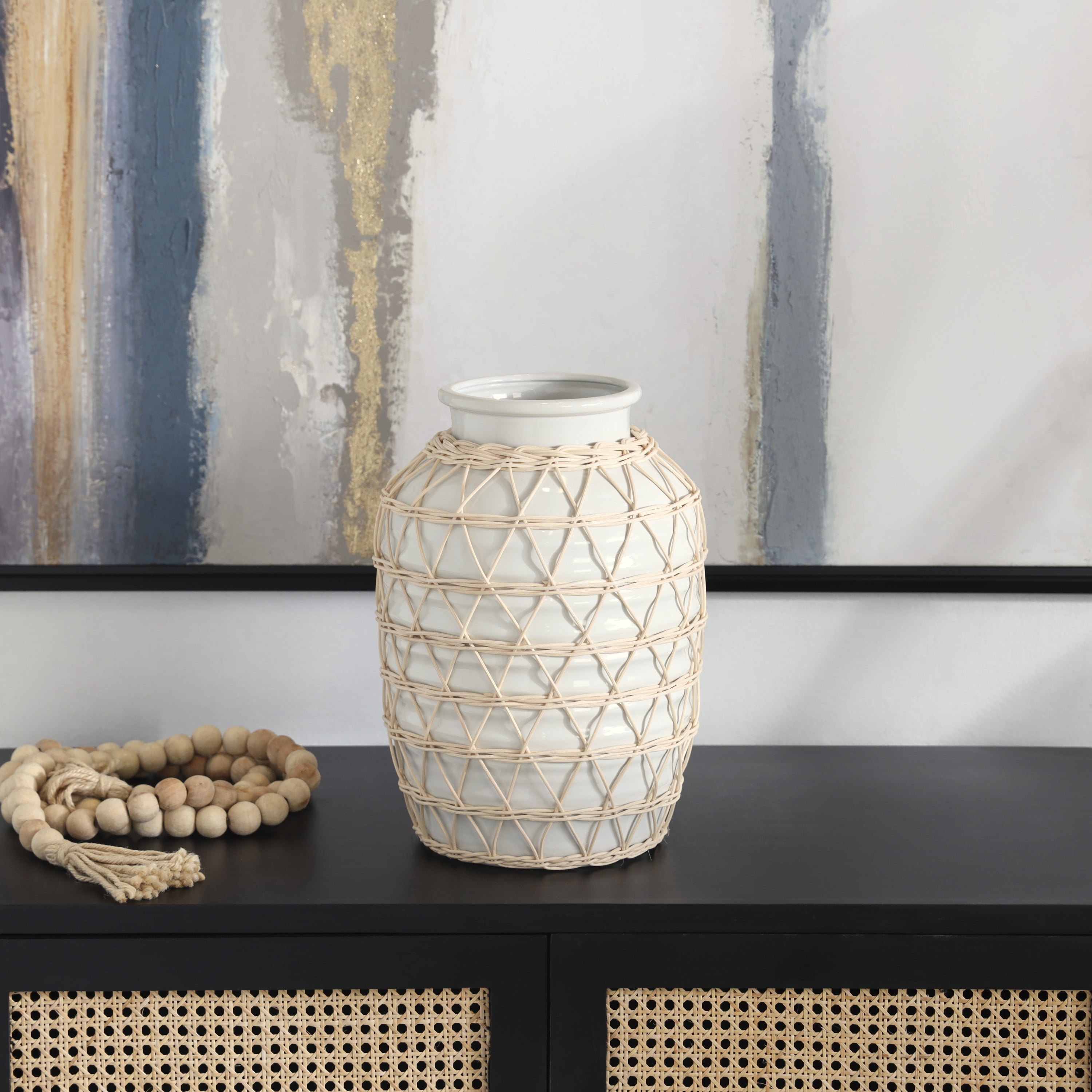 DecMode 14" Handmade White Ceramic Vase with Woven Rattan Exterior