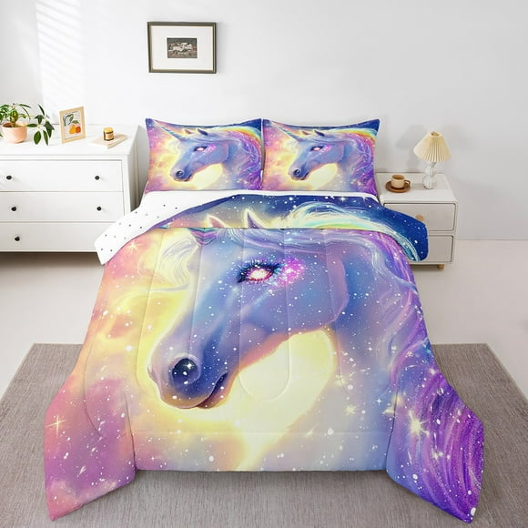 Erosebridal Kids Fairy Unicorn Comforter Set Toddler Size Magical Horse Decor Bedding Set for Boys Girls Rainbow Comforter Adult Duvet Set ,1 Comforter+ 1 Pillow Sham