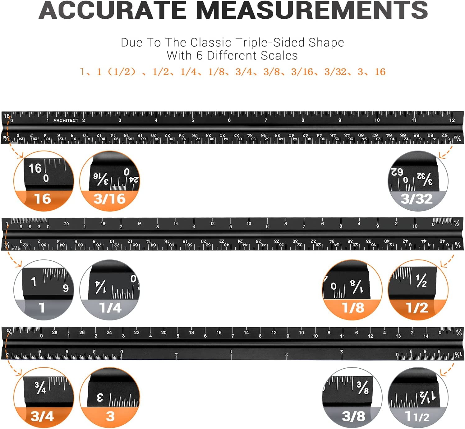 UPITOR Architectural Triangular Scale Ruler - Includes 12 inch Aluminum Architect Scale and Triangular Ruler - Suitable for Architects, Draftsmen, and Engineers Black