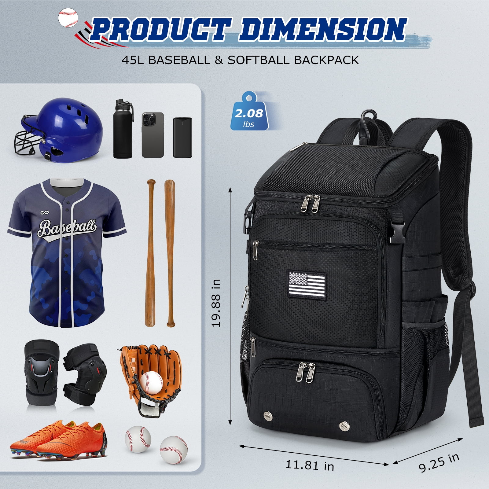 RAINSMORE Baseball Backpack, Lightweight Softball Bat Bag with Shoe Compartment, Fence Hook & Helmet Holder, Sports Gear Backpack for Youth Adult T-Ball Softball,Black