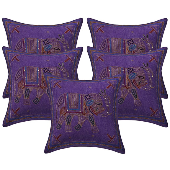 Stylo Culture Ethnic Couch Throw Pillow Covers 16x16 Gold Thread Embroidered Purple Indian 40cm x 40cm Home Decor Cotton Elephant Square Cushion Covers | Set Of 5