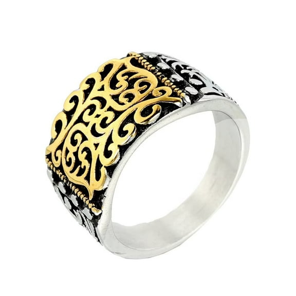 PAMTIER Men's Women's Stainless Steel Vintage Creative Wide Surface Flower Carving Ring Gold Size 8