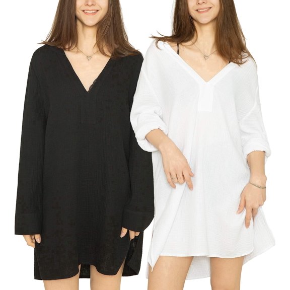 MERIDIANA Women's 100% Cotton Seersucker V Neck Swimsuit Coverup Bikini Cover Up Dress Bathing Suit Cover White-Black
