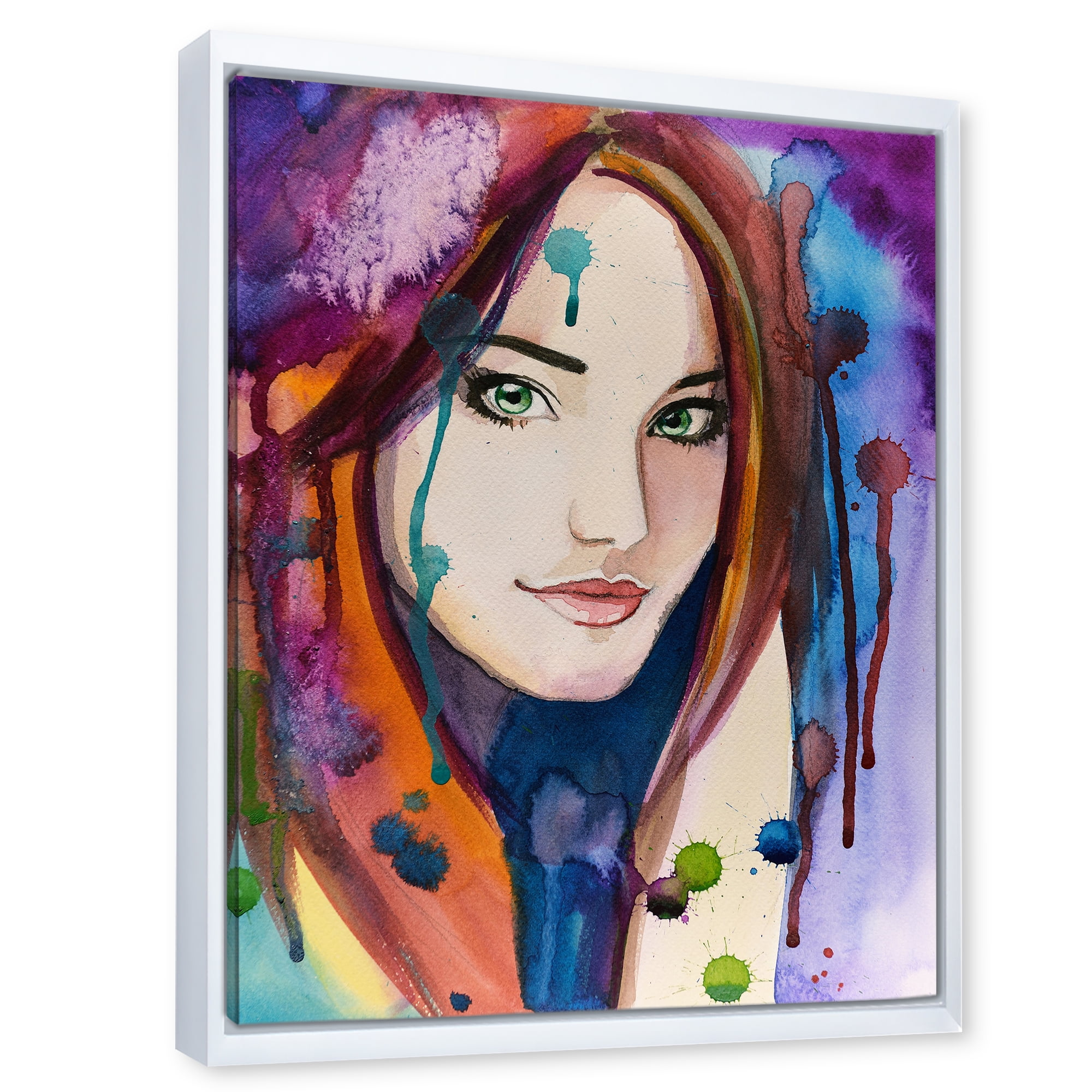 Designart 'Colorful Portrait Of Green Eyes Young Woman' Traditional Framed Canvas Wall Art Print
