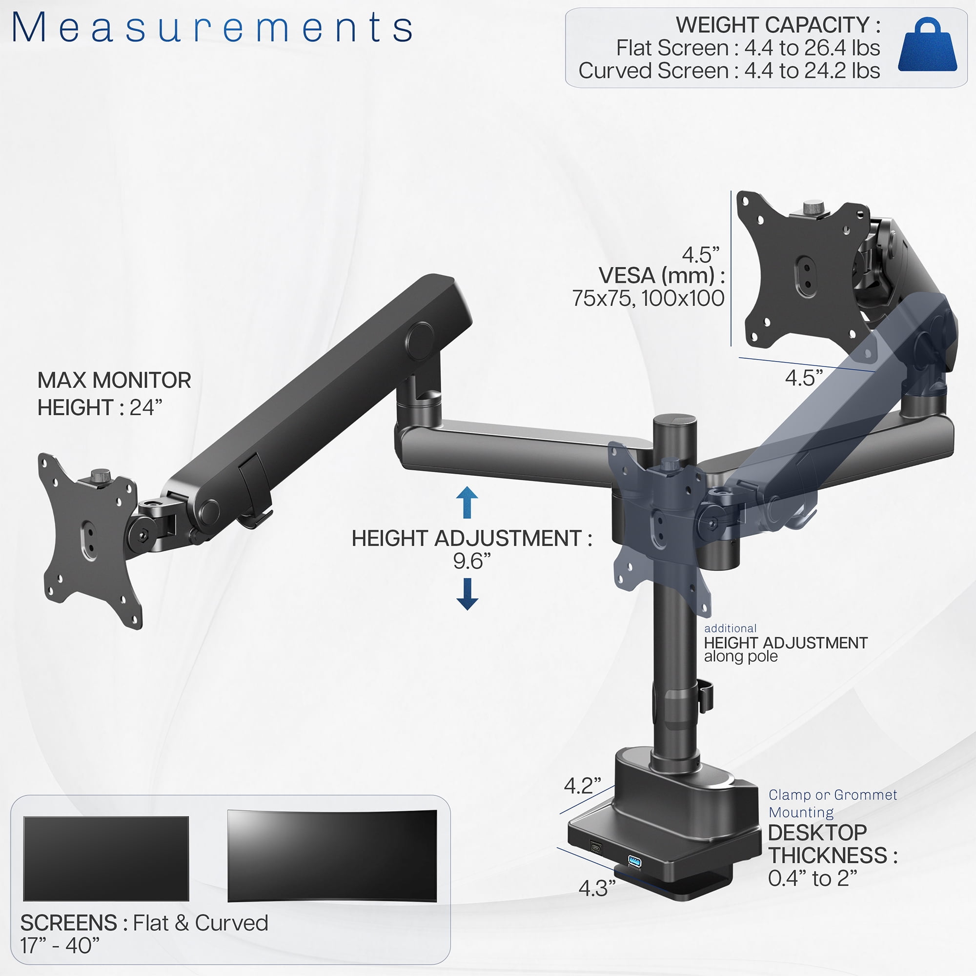 VIVO Premium Aluminum Full Motion Dual Monitor Arm Desk Mount Stand w/ USB Ports