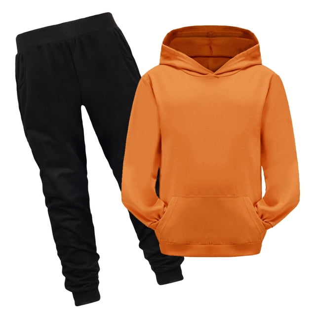 Hiiyo Boys Casual Active Outfits Solid Color Pullover Hoodie Sweatpants Set