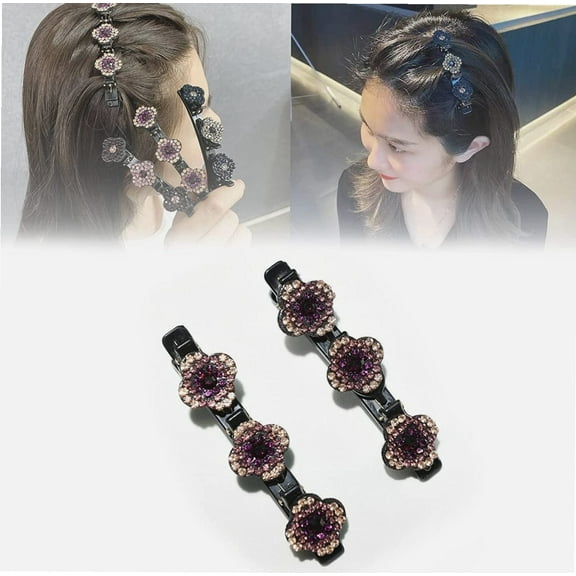 Satin Fabric Hair Bands, Clover Rhinestone Hair Claw Clip, Double Braided Hair Toothed Non-Slip Barrettes, Cute Black Bangs Hair Clips Hairstyle Accessories for Women Girls (Ink Blue)