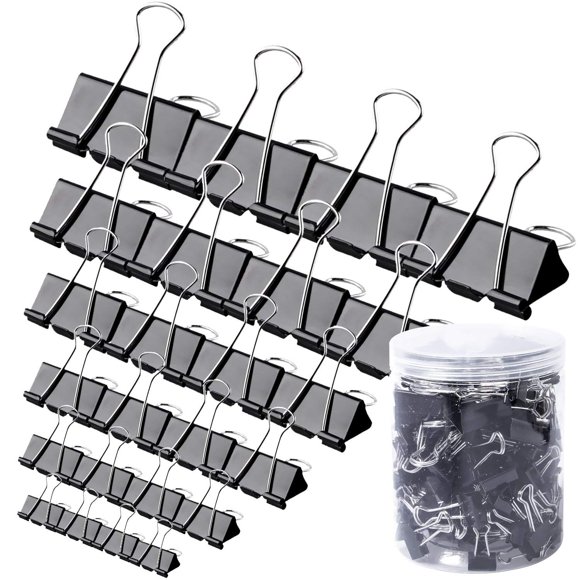 120 Pcs Pinces à Papier pour Classeur Tailles Assorties, Pinces à Papier pour Fournitures de Bureau, École, Maison, Grand Moyen Petit Ensemble de Pinces à Papier avec Boîte, Noir