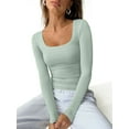 thumbnail image 4 of Women'S Solid Color Long Sleeve U-Neck Ribbed Knitted Casual Top Slim Fit Basic Shirt Light Green M, 4 of 6