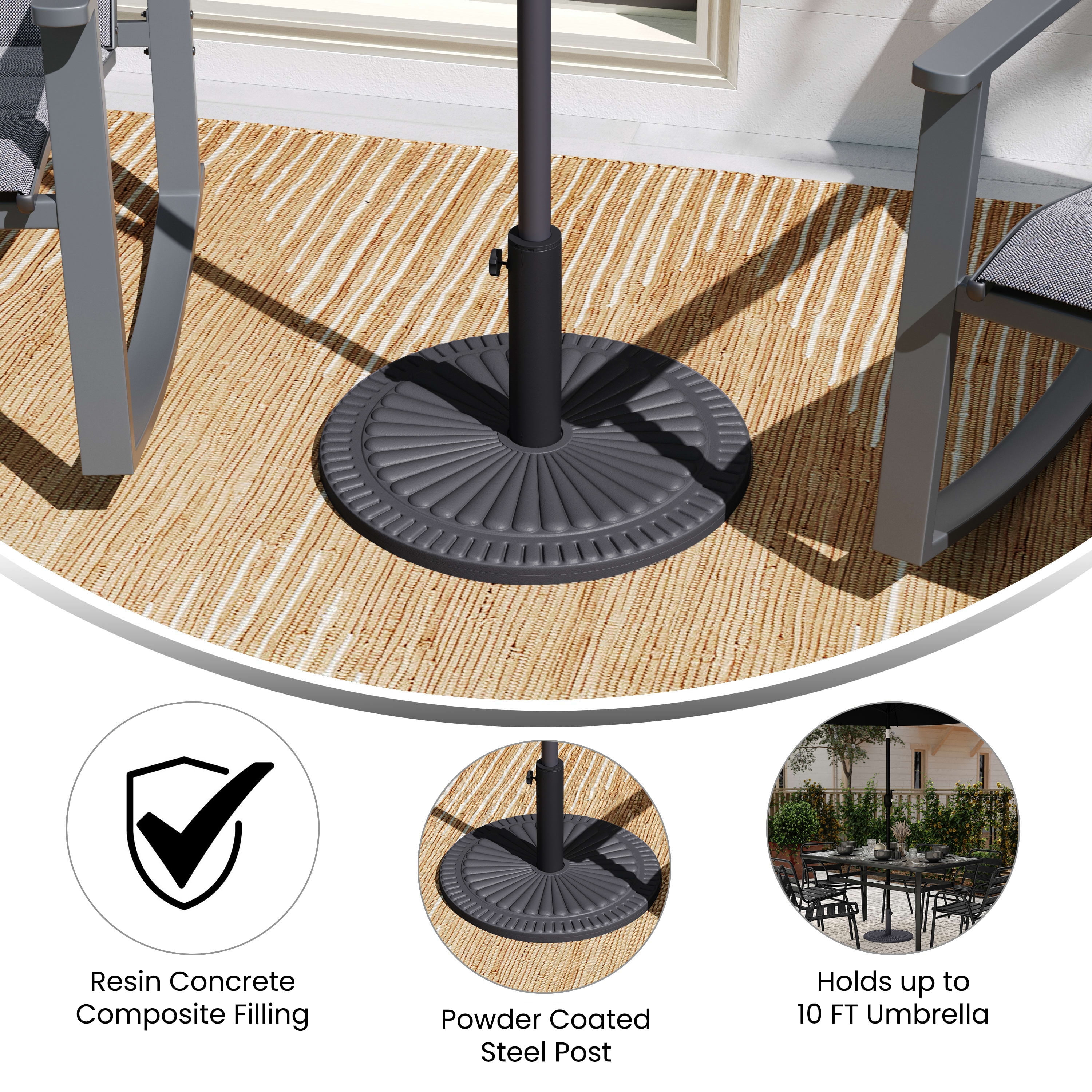 Emma + Oliver Black Round Steel Cement Plastic Patio Umbrella Bases, Waterproof