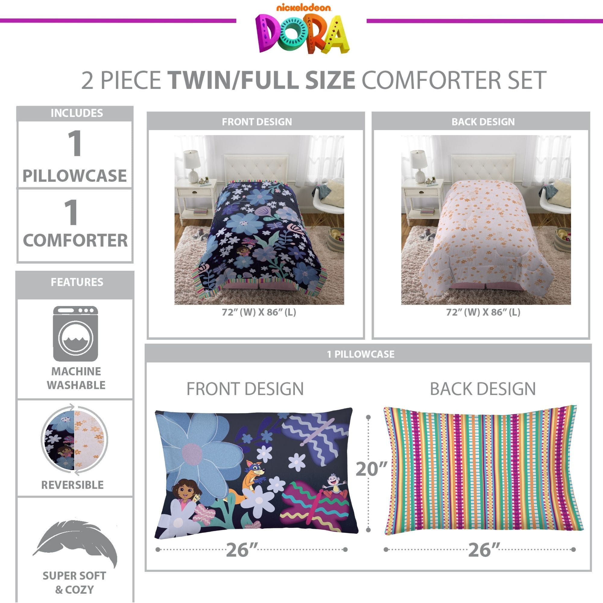 dora/B22-2/ Dora Kids 2 Piece Blue Pink Floral Reversible Comforter and