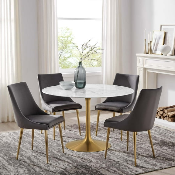 Modway Lippa 48" Round Artificial Marble Dining Table in Gold White