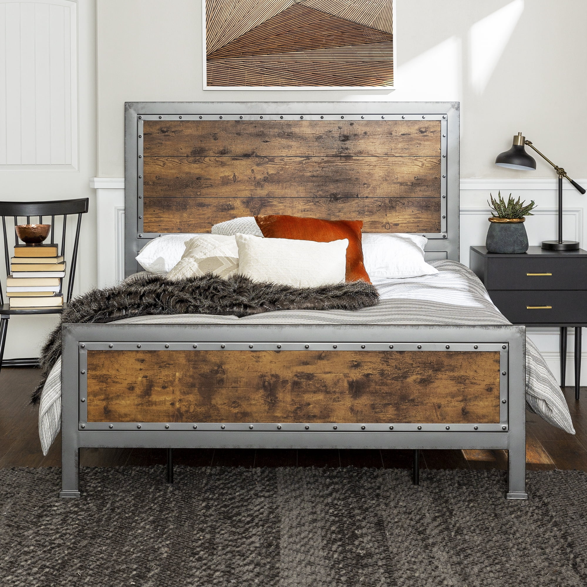 Walker Edison 55” Rustic Mixed Material Hacienda Queen Size Bed, Brown and Gunmetal