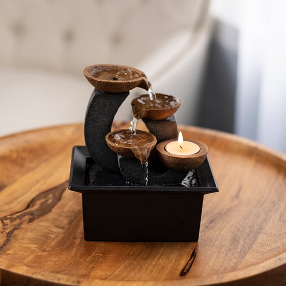 Pure Garden 3-Tier Desk Water Fountain with Tea Light Candle Holder (Black)