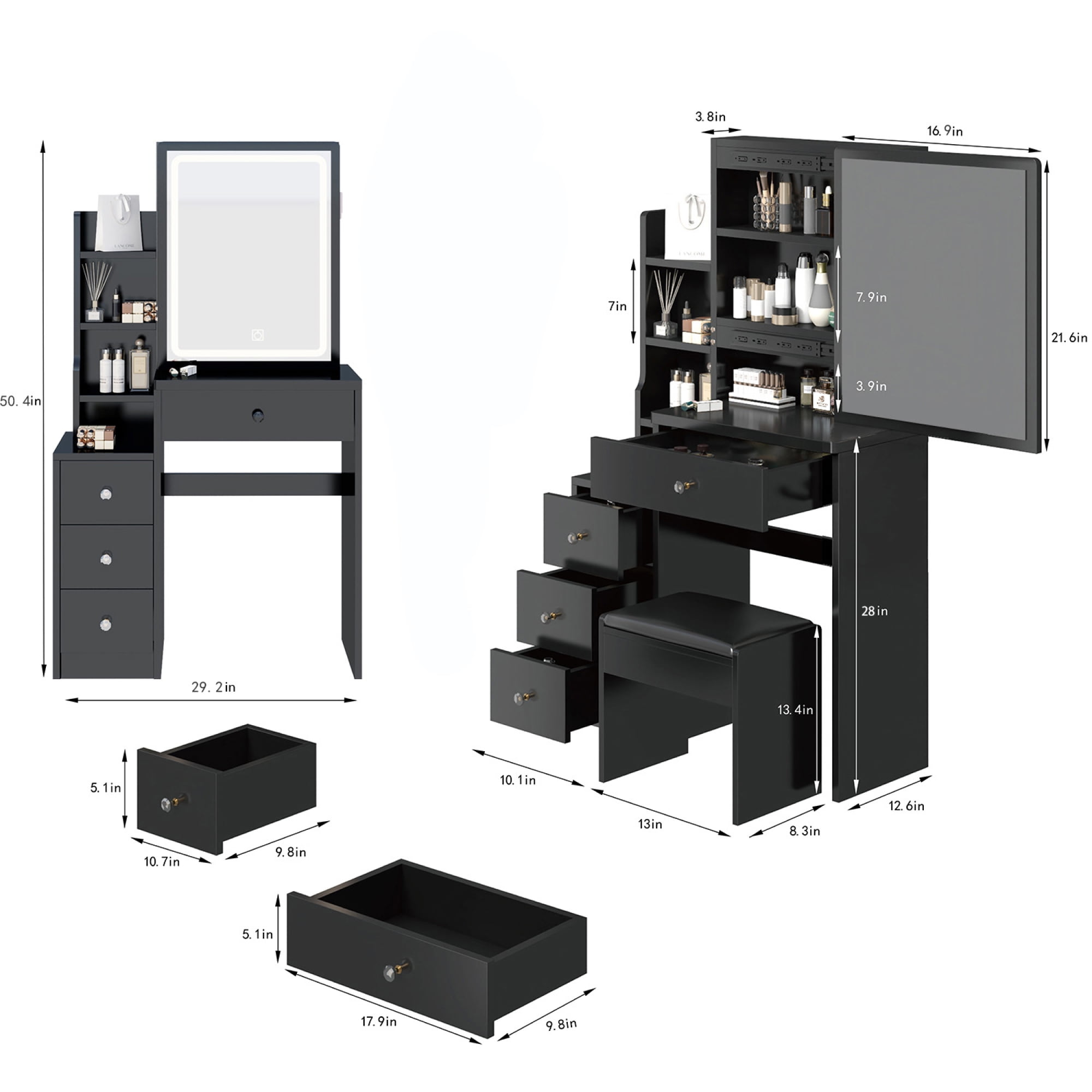 Bedside Cabinet Vanity Table + Cushioned Stool, Extra Large Sliding Mirror, Multi Layer, High Capacity Storage