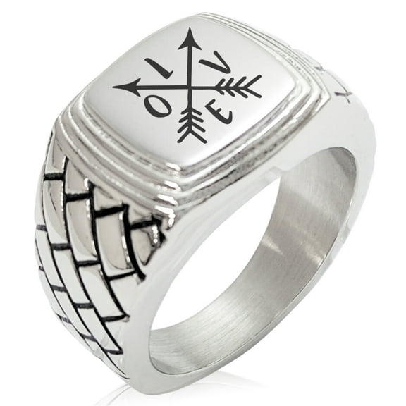 Stainless Steel Love Arrow Compass Geometric Pattern Step-Down Biker Style Polished Ring