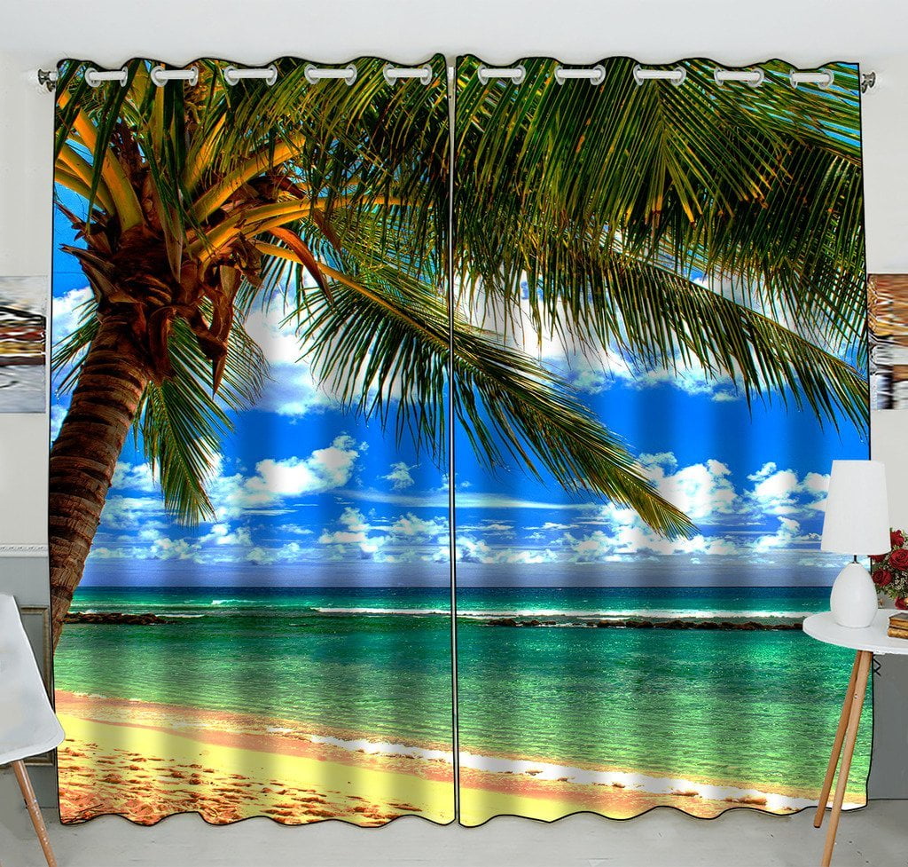 GCKG Beach Palm Tree Window Curtain Kitchen Curtain Window Drapes Panel ...