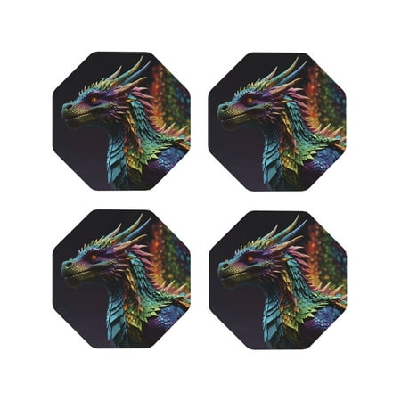 

Honeii Dragon with Colorful Tail Print Leather Coaster Set of 4 Ideal for Safeguarding Your Furniture from Drinks Spills and Effortless Cleanup-Octagon